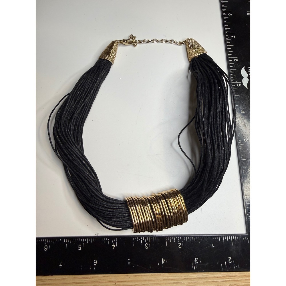 Black Multi Strand Cord Statement Necklace Gold Tone Hammered Ring Detail